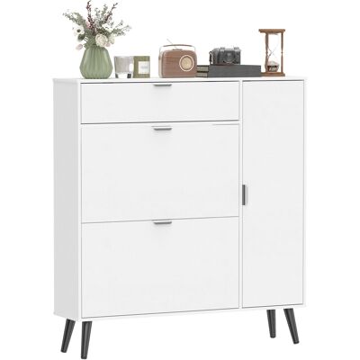 HOMCOM Meuble à chaussures étroit avec 2 compartiments abattants, armoire avec portes effet lychee et étagères réglables, Blanc - Publicité HOMCOM Meuble à chaussures étroit avec 2 compartiments abattants, armoire avec portes effet lychee et étagères réglables, Blanc - Publicité