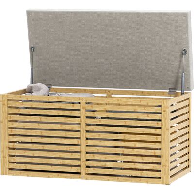 HOMCOM Banc de rangement, coffre de rangement rembourré en tissu aspect lin, couvercle et structure en bambou, gris et naturel - Publicité HOMCOM Banc de rangement, coffre de rangement rembourré en tissu aspect lin, couvercle et structure en bambou, gris et naturel - Publicité