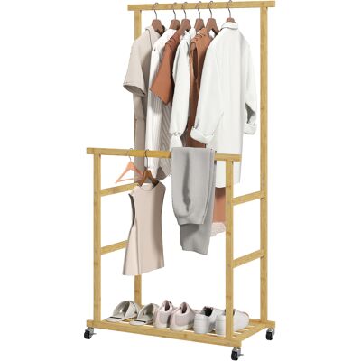 HOMCOM Portant à vêtements à roulettes, porte-manteau double barre en bambou avec étagère inférieure, 80x40x160cm, bois naturel - Publicité HOMCOM Portant à vêtements à roulettes, porte-manteau double barre en bambou avec étagère inférieure, 80x40x160cm, bois naturel - Publicité
