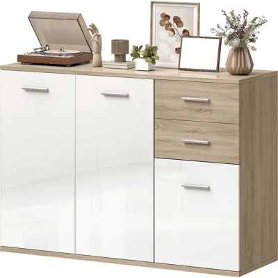 HOMCOM Buffet salon, meuble de rangement avec 2 tiroirs, 3 portes et étagère réglable, 106 x 35 x 76 cm, blanc et bois naturel - Publicité HOMCOM Buffet salon, meuble de rangement avec 2 tiroirs, 3 portes et étagère réglable, 106 x 35 x 76 cm, blanc et bois naturel - Publicité