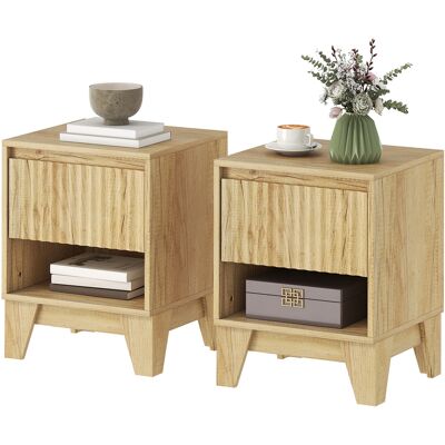 HOMCOM Lot de 2 tables de chevet étroite, table d'appoint compartiment ouvert 1 tiroir, panneaux cannelés 43x40x55cm naturel - Publicité HOMCOM Lot de 2 tables de chevet étroite, table d'appoint compartiment ouvert 1 tiroir, panneaux cannelés 43x40x55cm naturel - Publicité