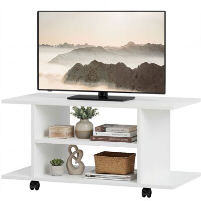 HOMCOM Meuble TV moderne avec étagères, roulettes pivotantes et freins, 80x40x40 cm, Blanc - Publicité HOMCOM Meuble TV moderne avec étagères, roulettes pivotantes et freins, 80x40x40 cm, Blanc - Publicité