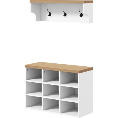 HOMCOM Ensemble meuble d'entrée 2-en-1 porte-manteau mural banc à chaussures 3 crochets et 9 niches 75x30x50cm blanc et chêne - Publicité HOMCOM Ensemble meuble d'entrée 2-en-1 porte-manteau mural banc à chaussures 3 crochets et 9 niches 75x30x50cm blanc et chêne - Publicité