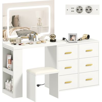 HOMCOM Coiffeuse avec miroir et tabouret, table de maquillage avec éclairage LED réglable, 6 tiroirs, 118 x 78 x 135 cm, blanc - Publicité HOMCOM Coiffeuse avec miroir et tabouret, table de maquillage avec éclairage LED réglable, 6 tiroirs, 118 x 78 x 135 cm, blanc - Publicité
