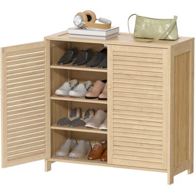 HOMCOM Meuble à chaussures en bambou 14 paires, armoire à chaussures avec portes persiennes et étagères réglables, bois naturel - Publicité HOMCOM Meuble à chaussures en bambou 14 paires, armoire à chaussures avec portes persiennes et étagères réglables, bois naturel - Publicité