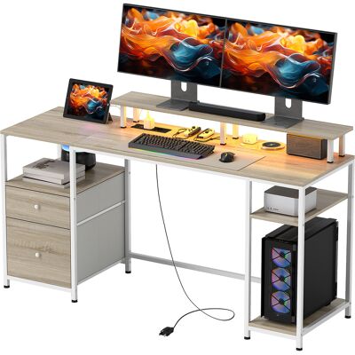 HOMCOM Bureau d'ordinateur bureau lumières LED réglables 2 prises ports USB tiroirs étagères 155,5x48x88,5cm effet bois naturel - Publicité HOMCOM Bureau d'ordinateur bureau lumières LED réglables 2 prises ports USB tiroirs étagères 155,5x48x88,5cm effet bois naturel - Publicité