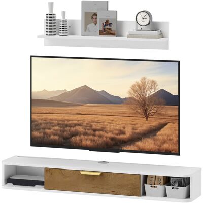 HOMCOM Ensemble meuble TV suspendu avec étagère murale meuble télé bois mural passe-câbles 120 x 24 x 16 cm blanc - Publicité HOMCOM Ensemble meuble TV suspendu avec étagère murale meuble télé bois mural passe-câbles 120 x 24 x 16 cm blanc - Publicité