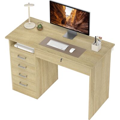 HOMCOM Bureau moderne avec 5 tiroirs, grand plateau, 1 compartiment ouvert, tiroir verrouillable, 110 x 50 x 76cm, chêne - Publicité HOMCOM Bureau moderne avec 5 tiroirs, grand plateau, 1 compartiment ouvert, tiroir verrouillable, 110 x 50 x 76cm, chêne - Publicité
