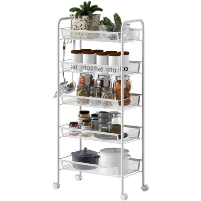 HOMCOM Chariot de rangement à 5 niveaux, desserte à roulettes avec paniers amovibles et 4 crochets, 45x26.5x106cm, blanc - Publicité HOMCOM Chariot de rangement à 5 niveaux, desserte à roulettes avec paniers amovibles et 4 crochets, 45x26.5x106cm, blanc - Publicité