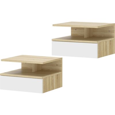 HOMCOM Lot de 2 tables de chevet murales, tables de nuit suspendues avec tiroir, étagère ouverte, 35x32x22,5cm, blanc et chêne - Publicité HOMCOM Lot de 2 tables de chevet murales, tables de nuit suspendues avec tiroir, étagère ouverte, 35x32x22,5cm, blanc et chêne - Publicité