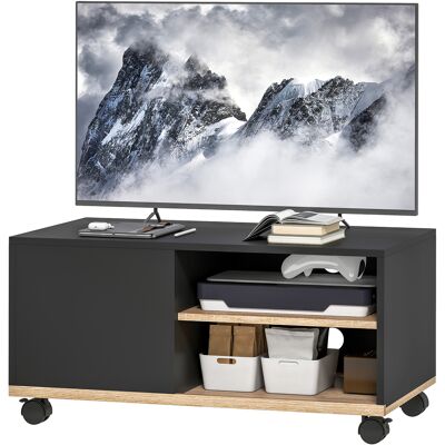 HOMCOM Meuble TV sur roulettes avec freins, meuble TV avec placard et étagère réglable, Noir et Chêne - Publicité HOMCOM Meuble TV sur roulettes avec freins, meuble TV avec placard et étagère réglable, Noir et Chêne - Publicité