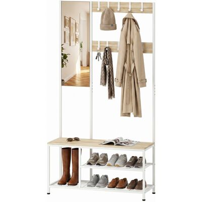 HOMCOM Porte-manteau meuble à chaussures avec miroir et 8 crochets, banc, cadre métallique pour entrée naturel - Publicité HOMCOM Porte-manteau meuble à chaussures avec miroir et 8 crochets, banc, cadre métallique pour entrée naturel - Publicité