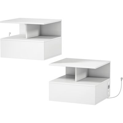 HOMCOM Lot de 2 Tables de Chevet Suspendues : Station de Recharge, Tiroir, Étagère, Blanc - Publicité HOMCOM Lot de 2 Tables de Chevet Suspendues : Station de Recharge, Tiroir, Étagère, Blanc - Publicité