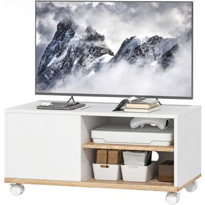 HOMCOM Meuble TV sur roulettes avec freins, meuble TV avec armoire et étagère réglable, blanc et chêne - Publicité HOMCOM Meuble TV sur roulettes avec freins, meuble TV avec armoire et étagère réglable, blanc et chêne - Publicité