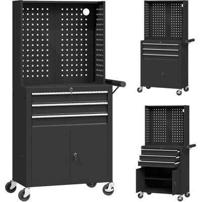 HOMCOM Servante d'atelier en acier à 3 tiroirs, chariot à outils sur roulettes, étagère réglable, panneau perforé, noir - Publicité HOMCOM Servante d'atelier en acier à 3 tiroirs, chariot à outils sur roulettes, étagère réglable, panneau perforé, noir - Publicité