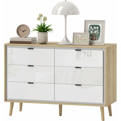 HOMCOM Commode 6 tiroirs, meuble de rangement à haute brillance, 5 pieds en bois, 110 x 40 x 75 cm, blanc et chêne - Publicité HOMCOM Commode 6 tiroirs, meuble de rangement à haute brillance, 5 pieds en bois, 110 x 40 x 75 cm, blanc et chêne - Publicité