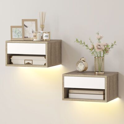HOMCOM Lot de 2 tables de chevet suspendues avec éclairage LED RGB contrôle par application, étagère, tiroir, 37x32x21cm, teck - Publicité HOMCOM Lot de 2 tables de chevet suspendues avec éclairage LED RGB contrôle par application, étagère, tiroir, 37x32x21cm, teck - Publicité