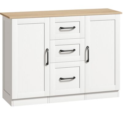 HOMCOM Buffet salon, meuble de rangement avec 2 portes à fermeture douce et 3 tiroirs, 110x35x80,4cm, blanc et bois naturel - Publicité HOMCOM Buffet salon, meuble de rangement avec 2 portes à fermeture douce et 3 tiroirs, 110x35x80,4cm, blanc et bois naturel - Publicité