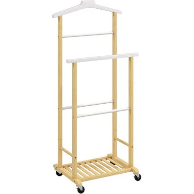 HOMCOM Valet de chambre à roulettes, portant à vêtements en bambou avec cintre intégré, tiges à pantalons et étagère, naturel - Publicité HOMCOM Valet de chambre à roulettes, portant à vêtements en bambou avec cintre intégré, tiges à pantalons et étagère, naturel - Publicité