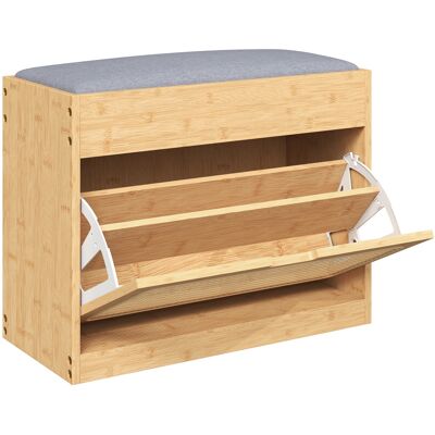 HOMCOM Banc chaussures entrée, banc de rangement en bambou, assise rembourrée, porte en rotin et étagère réglable, bois naturel - Publicité HOMCOM Banc chaussures entrée, banc de rangement en bambou, assise rembourrée, porte en rotin et étagère réglable, bois naturel - Publicité