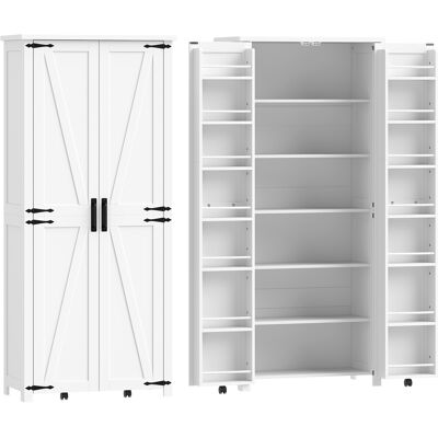 HOMCOM Buffet haut cuisine, armoire cuisine, 2 portes avec roulette, 6 compartiments, 14 porte-racks, étagères réglables, blanc - Publicité HOMCOM Buffet haut cuisine, armoire cuisine, 2 portes avec roulette, 6 compartiments, 14 porte-racks, étagères réglables, blanc - Publicité