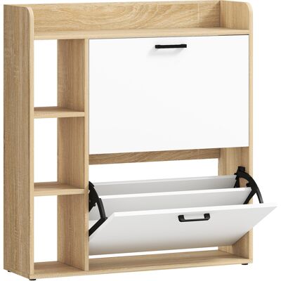 HOMCOM Meuble à chaussures 15 paires, armoire à chaussures moderne avec 2 tiroirs rabattables, 83x24x90,5cm, effet bois naturel - Publicité HOMCOM Meuble à chaussures 15 paires, armoire à chaussures moderne avec 2 tiroirs rabattables, 83x24x90,5cm, effet bois naturel - Publicité