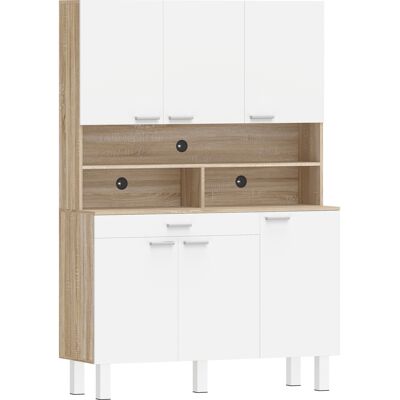 HOMCOM Buffet haut cuisine, armoire de cuisine, 6 portes, tiroir et étagères ouvertes, 120x40x175cm, blanc et bois naturel - Publicité HOMCOM Buffet haut cuisine, armoire de cuisine, 6 portes, tiroir et étagères ouvertes, 120x40x175cm, blanc et bois naturel - Publicité