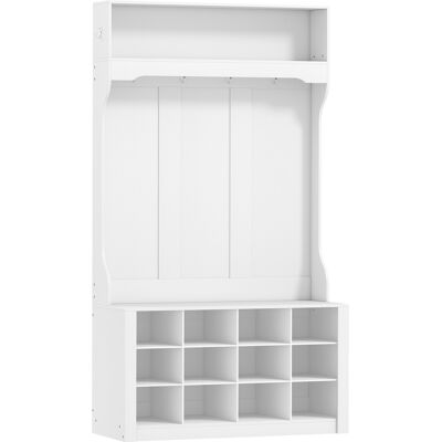 HOMCOM Porte-Manteau 4-en-1 avec Banc, Banc d'Entrée avec 12 Compartiments à Chaussures, 6 Crochets et Étagère Ouverte, Blanc - Publicité HOMCOM Porte-Manteau 4-en-1 avec Banc, Banc d'Entrée avec 12 Compartiments à Chaussures, 6 Crochets et Étagère Ouverte, Blanc - Publicité