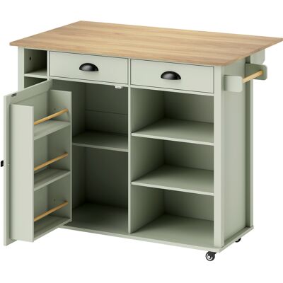 HOMCOM Îlot central cuisine avec plateau pliant, desserte de cuisine sur roulettes avec 2 tiroirs, porte-serviettes, vert - Publicité HOMCOM Îlot central cuisine avec plateau pliant, desserte de cuisine sur roulettes avec 2 tiroirs, porte-serviettes, vert - Publicité