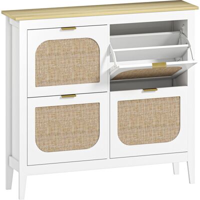 HOMCOM Meuble à chaussures 20 paires bohème avec 4 tiroirs rabattables, portes effet cannage rotin, 105 x 24 x 95,5 cm, blanc - Publicité HOMCOM Meuble à chaussures 20 paires bohème avec 4 tiroirs rabattables, portes effet cannage rotin, 105 x 24 x 95,5 cm, blanc - Publicité
