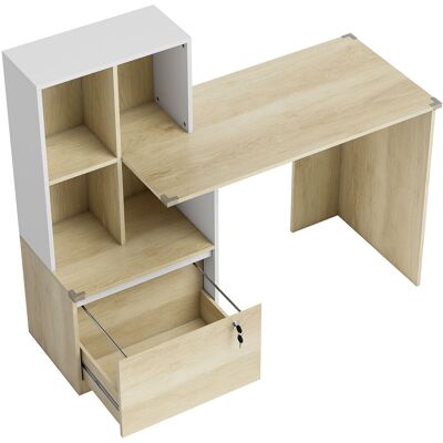HOMCOM Bureau d'ordinateur avec bibliothèque 4 compartiments et tiroir verrouillable, 126 x 50 x 109 cm, chêne et blanc - Publicité HOMCOM Bureau d'ordinateur avec bibliothèque 4 compartiments et tiroir verrouillable, 126 x 50 x 109 cm, chêne et blanc - Publicité