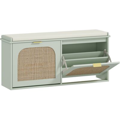 HOMCOM Banc à chaussures, banc de rangement, assise rembourrée, tiroirs rabattables, porte en rotin, 104 x 26 x 47,5 cm, vert - Publicité HOMCOM Banc à chaussures, banc de rangement, assise rembourrée, tiroirs rabattables, porte en rotin, 104 x 26 x 47,5 cm, vert - Publicité