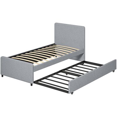 HOMCOM Lit gigogne 90 x 190 cm, cadre de lit simple/double avec sommier à lattes en bois, tête et pied rembourrés, gris clair - Publicité HOMCOM Lit gigogne 90 x 190 cm, cadre de lit simple/double avec sommier à lattes en bois, tête et pied rembourrés, gris clair - Publicité