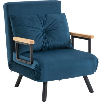 HOMCOM Fauteuil convertible 3 en 1 lit 1 place dossier 5 positions, accoudoirs en bois et coussin, tissu effet velours, bleu - Publicité HOMCOM Fauteuil convertible 3 en 1 lit 1 place dossier 5 positions, accoudoirs en bois et coussin, tissu effet velours, bleu - Publicité