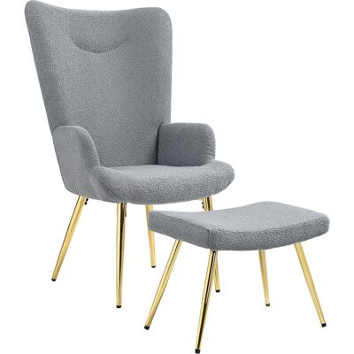 HOMCOM Ensemble fauteuil avec repose-pieds, tissu bouclette gris et pieds en métal doré, dossier haut, grand confort - Publicité HOMCOM Ensemble fauteuil avec repose-pieds, tissu bouclette gris et pieds en métal doré, dossier haut, grand confort - Publicité