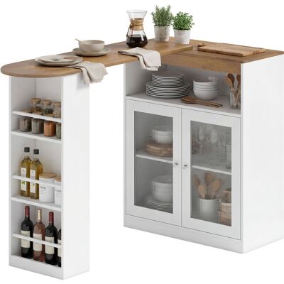 HOMCOM Table de bar extensible et pivotante 360° avec étagères ouvertes et 2 portes en verre 150x80x105,5 cm blanc et bois naturel - Publicité HOMCOM Table de bar extensible et pivotante 360° avec étagères ouvertes et 2 portes en verre 150x80x105,5 cm blanc et bois naturel - Publicité