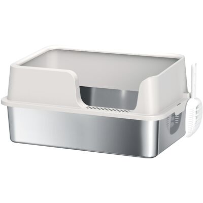 PawHut Litière pour chat, bac à litière en acier inoxydable avec côtés hauts pelle nettoyage facile 60 x 40 x 28 cm gris clair - Publicité PawHut Litière pour chat, bac à litière en acier inoxydable avec côtés hauts pelle nettoyage facile 60 x 40 x 28 cm gris clair - Publicité