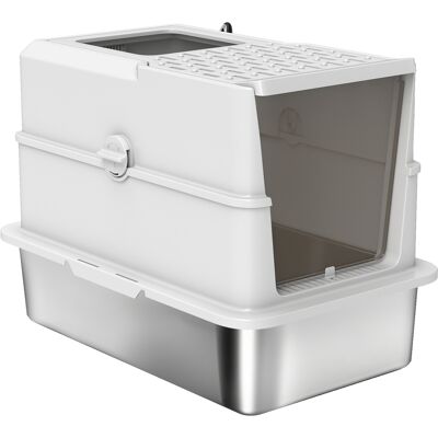 PawHut Bac à litière pour chat fermé, maison de toilette pour chat en acier inoxydable, 60,2 x 40,2 x 43,7 cm, gris clair - Publicité PawHut Bac à litière pour chat fermé, maison de toilette pour chat en acier inoxydable, 60,2 x 40,2 x 43,7 cm, gris clair - Publicité