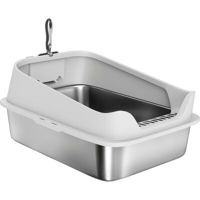 PawHut Bac à litière en acier inoxydable ouvert avec pelle, bord haut pour grands chats jusqu'à 7 kg, 60,2 x 40,2 x 29,7 cm, Gris - Publicité PawHut Bac à litière en acier inoxydable ouvert avec pelle, bord haut pour grands chats jusqu'à 7 kg, 60,2 x 40,2 x 29,7 cm, Gris - Publicité