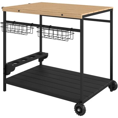Outsunny Desserte de jardin chariot pour plancha barbecue en bois et métal avec poignée 2 plateaux 2 paniers et porte-bouteilles - Publicité Outsunny Desserte de jardin chariot pour plancha barbecue en bois et métal avec poignée 2 plateaux 2 paniers et porte-bouteilles - Publicité