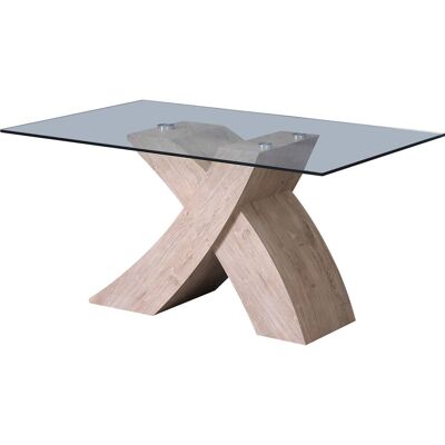 Habitat et Jardin Table repas rectangulaire " Mona" - Dimensions : 150 x 90 x 74 cm - MDF couleur chêne - Plateau en verre d'épaisseur 12 mm - Pieds en X - Publicité Habitat et Jardin Table repas rectangulaire " Mona" - Dimensions : 150 x 90 x 74 cm - MDF couleur chêne - Plateau en verre d'épaisseur 12 mm - Pieds en X - Publicité