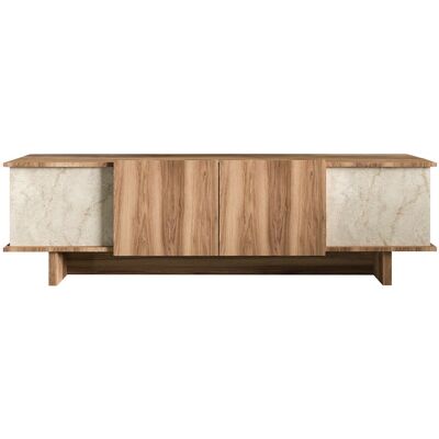 Hanah Home Meuble TV moderne avec option de fixation murale, 180 cm x 50 cm x 33 cm, panneaux de particules mélaminés, finitions élégantes travertin et noyer, plusieurs étagères pour un salon à la fois élégant et fonctionnel. Publicité Hanah Home Meuble TV moderne avec option de fixation murale, 180 cm x 50 cm x 33 cm, panneaux de particules mélaminés, finitions élégantes travertin et noyer, plusieurs étagères pour un salon à la fois élégant et fonctionnel. Publicité