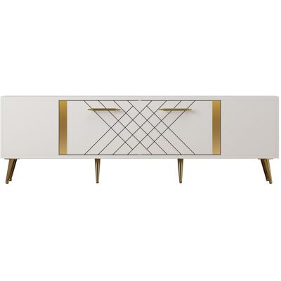 Hanah Home Meuble TV moderne - Dimensions : 150 x 35 x 48 cm - Bois - Epaisseur 18 mm - Blanc et or - Publicité Hanah Home Meuble TV moderne - Dimensions : 150 x 35 x 48 cm - Bois - Epaisseur 18 mm - Blanc et or - Publicité