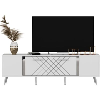 Hanah Home Meuble TV moderne - Dimensions : 150 x 35 x 48 cm - Bois - Epaisseur 18 mm - Blanc et argent - Publicité Hanah Home Meuble TV moderne - Dimensions : 150 x 35 x 48 cm - Bois - Epaisseur 18 mm - Blanc et argent - Publicité
