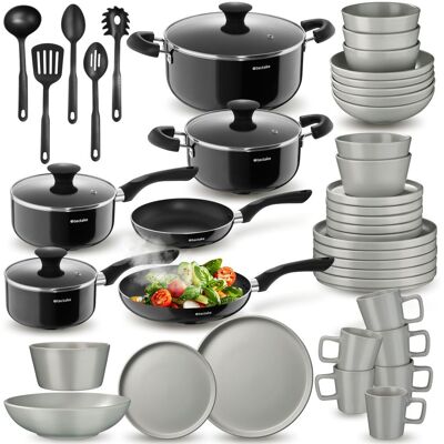 TecTake GmbH Set de cuisine pour 6 personnes avec vaisselle et casseroles - gris/noir, 45 pièces - Publicité TecTake GmbH Set de cuisine pour 6 personnes avec vaisselle et casseroles - gris/noir, 45 pièces - Publicité