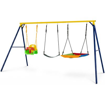 CostwayPortique Balançoire Extérieure Enfant 3-en-1 Balançoire Jardin 2 Siège de Balancelle 1 Hamac Charge 150KG pour 3-12 Ans Parc - Publicité CostwayPortique Balançoire Extérieure Enfant 3-en-1 Balançoire Jardin 2 Siège de Balancelle 1 Hamac Charge 150KG pour 3-12 Ans Parc - Publicité