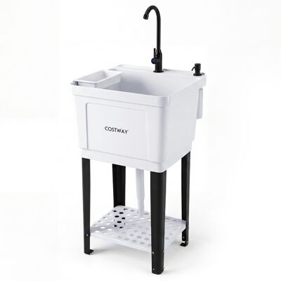 CostwayÉvier de Cuisine Autoportant Évier Utilitaire avec Robinet Pivotant Étagères Distributeur de Savon Pieds Réglables Système de Vidange Blanc - Publicité CostwayÉvier de Cuisine Autoportant Évier Utilitaire avec Robinet Pivotant Étagères Distributeur de Savon Pieds Réglables Système de Vidange Blanc - Publicité
