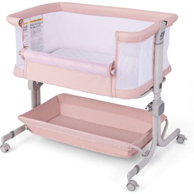 CostwayLit de Bébé Berceau de Côté avec Hauteur Réglable 6 Niveaux Étagère de Rangement Roulettes Matelas et Sac de Transport Rose - Publicité CostwayLit de Bébé Berceau de Côté avec Hauteur Réglable 6 Niveaux Étagère de Rangement Roulettes Matelas et Sac de Transport Rose - Publicité