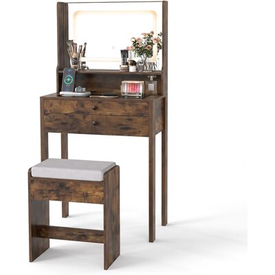 CostwayCoiffeuse avec Miroir & Lumières Petite Table de Maquillage avec Prises Électriques 3 Modes d'Éclairage & Tabouret Rembourré Marron - Publicité CostwayCoiffeuse avec Miroir & Lumières Petite Table de Maquillage avec Prises Électriques 3 Modes d'Éclairage & Tabouret Rembourré Marron - Publicité