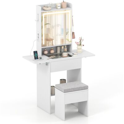 CostwayCoiffeuse avec Miroir et Lumières Table de Maquillage avec Plateau Visible Prises Électriques Panneaux Rabattables 3 Modes d'Éclairage Blanc - Publicité CostwayCoiffeuse avec Miroir et Lumières Table de Maquillage avec Plateau Visible Prises Électriques Panneaux Rabattables 3 Modes d'Éclairage Blanc - Publicité